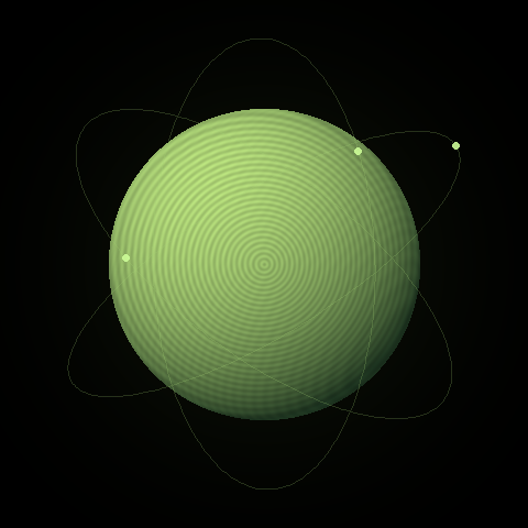 Abstract green intelligence sphere surrounded by orbiting particles